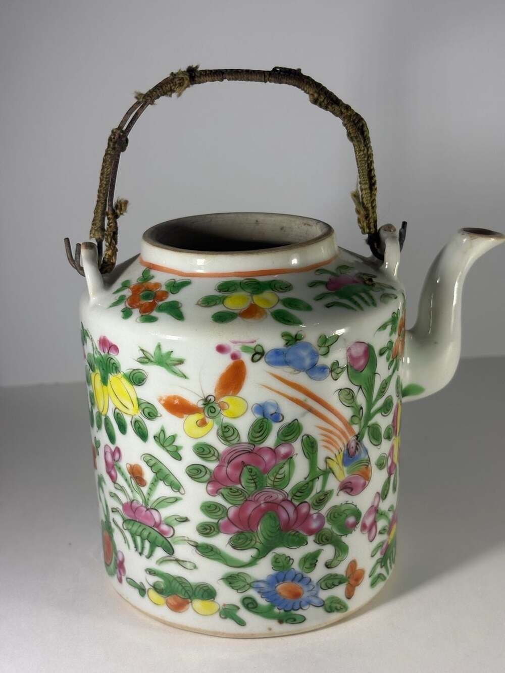 Antique Chinese Famille Rose Porcelain Hand Painted Teapot ,Wire , Twine Handle